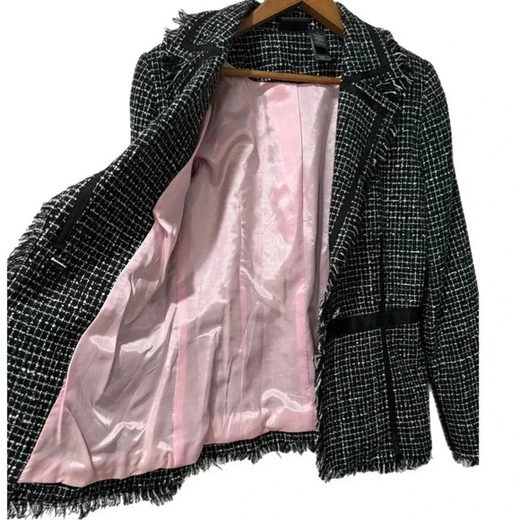 BISOU BISOU Michelle Bohbot Tweed Fringe Black Blazer Jacket Women’s Sz 6 Small - Picture 15 of 16